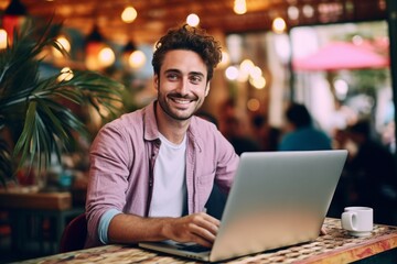 Fototapeta premium happy man sitting at table with laptop in cafe
