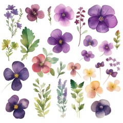 Set of watercolor violets flowers on white background clipart
