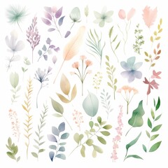 Set of minimalistic watercolor flowers amd leaves on white background clipart