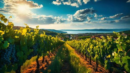 A sun-drenched vineyard stretching out to the horizon, rows of vines heavy with ripening grapes - obrazy, fototapety, plakaty