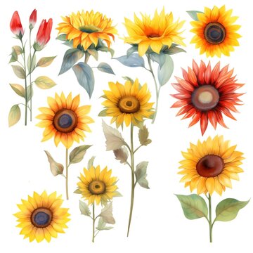 Set of watercolor sunflowers on white background clipart