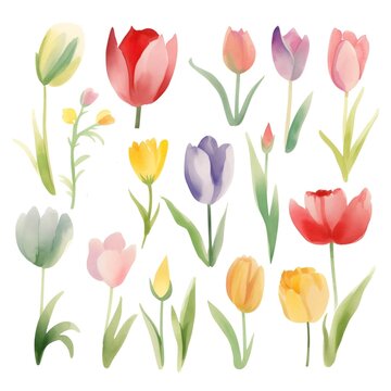 Set of watercolor tulips flowers on white background clipart