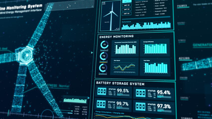 Futuristic wind turbine energy control center interface design, digital data network battery management system, green renewable power technology software, engineering iot HUD information 3d rendering © ZETHA_WORK