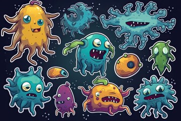 Fototapeta na wymiar Colorful sticker set of monster like characters viruses and bacterias