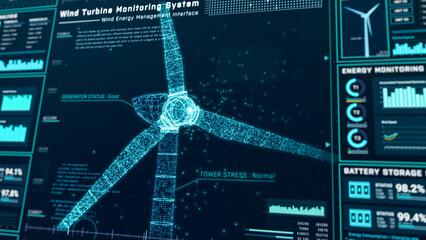 Futuristic wind turbine energy control center interface design, digital data network battery management system, green renewable power technology software, engineering iot HUD information 3d rendering © ZETHA_WORK