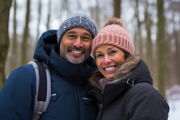 Middle age mixed race couple enjoying outdoors activity in winter woods