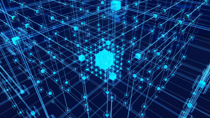 A 3D illustration of blockchain in holographic style, dark background, dynamic camera angle
