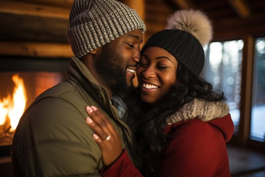 Happy Young Black Couple Hugging Near Fireplace In Winter Forest Cabin