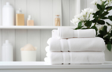 Fototapeta na wymiar many white towels on white wooden shelves on light bathroom background