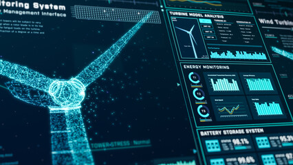 Futuristic wind turbine energy control center interface design, digital data network battery management system, green renewable power technology software, engineering iot HUD information 3d rendering