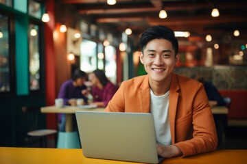 Obraz premium happy asian man sitting at table with laptop in cafe