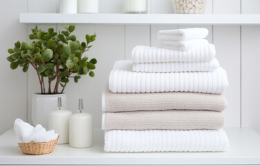Fototapeta na wymiar many white towels on white wooden shelves on light bathroom background