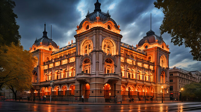 An ornate and historic opera house, the air resonating with the harmonious notes of a soaring aria
