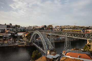Panoramic view of Porto with Duoro river on a cloudy day, Porto cityscape