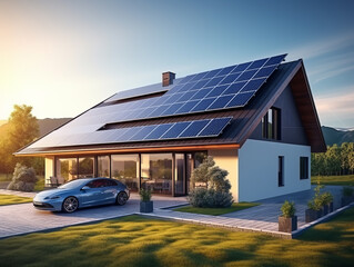 Modern house with solar panels and modern car near house. - obrazy, fototapety, plakaty