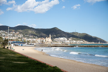 Fototapeta na wymiar The beautiful town of Sitges, winter Spain, Landscape of the coastline in Sitges