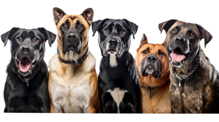 Set of five dog isolated on transparent background. Concept of pet.