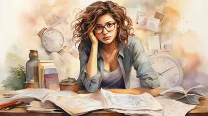 Girl with books study. Unhappy young woman in glasses feeling stressed calculating monthly expenses at home, facing financial problems or lack of money for utility household.  - obrazy, fototapety, plakaty