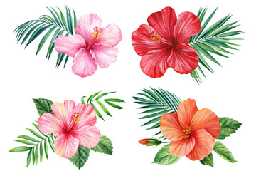 Tropical flower set , watercolor illustration, hibiscus flower and palm leaf, bouquet for greeting card - obrazy, fototapety, plakaty