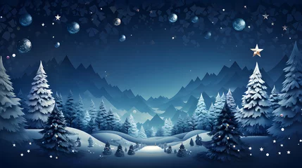 Fotobehang Christmas background with Christmas balls on snow over fir-tree, night sky and moon © IgitPro
