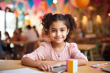 happy indian child girl sitting at table with laptop in cafe