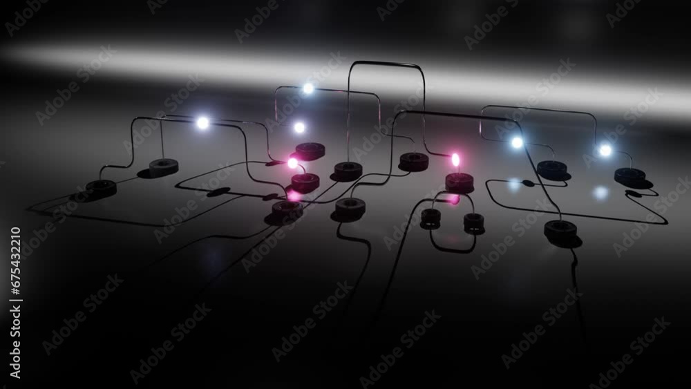 Poster spheres glowing with blue and purple neon light move along metal contours. three-dimensional abstrac