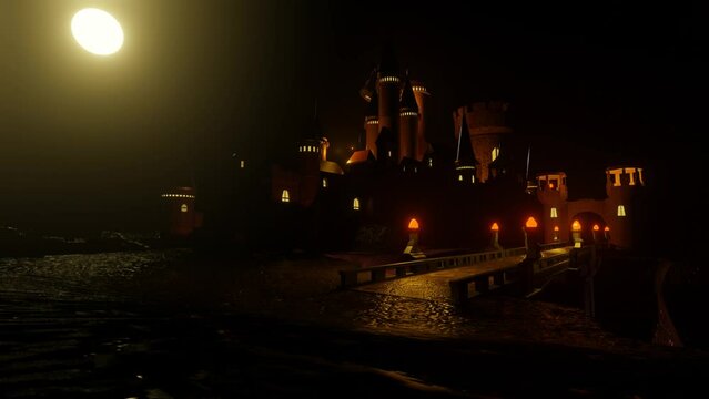 magical stone castle. night landscape. flying ships fly around the castle. Looped fantasy background. 3d render