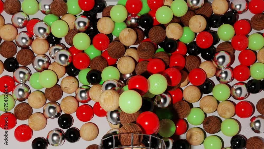 Poster balls of different materials fly out of the pipe and fill the background. 3d render