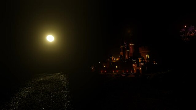 magical stone castle. night landscape. flying ships fly around the castle. Looped fantasy background. 3d render