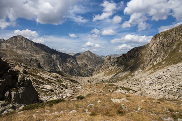 Beautiful landscape of the natural park of Aigestortes y Estany de Sant Maurici, Pyrenees valley with river and lake
