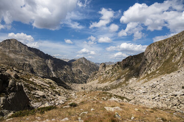 Beautiful landscape of the natural park of Aigestortes y Estany de Sant Maurici, Pyrenees valley with river and lake