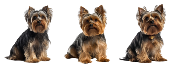 Set of yorkshire terrier dog isolated on transparent background. Concept of pet.