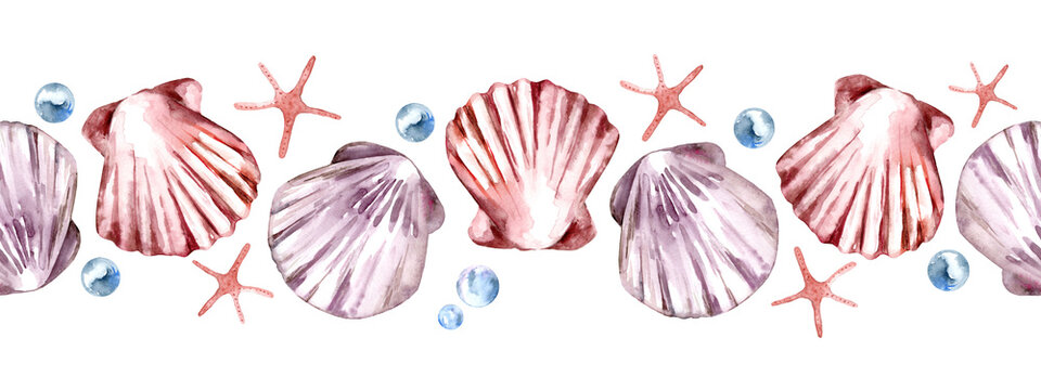 Seamless Border with Seashells. Hand drawn watercolor illustration on white isolated background for banner. Sea shell Pattern for design in nautical style. Oceanic backdrop with cockleshells