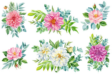 Floral bouquet design. flower Dahlias, roses, greenery branch leaves, invitation card. Watercolor botany Illustration