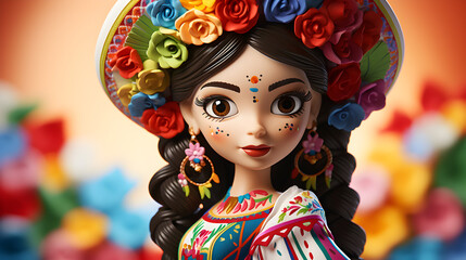 muñequita mexicana con sombrero y flores multicolores maquillaje mexicano y grandes ojos expresivos - obrazy, fototapety, plakaty