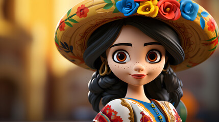 muñequita mexicana con sombrero y flores multicolores maquillaje mexicano y grandes ojos expresivos - obrazy, fototapety, plakaty