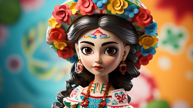 caricatura y rostro  de muñequita mexicana tipo frida con sombrero y flores brillantes