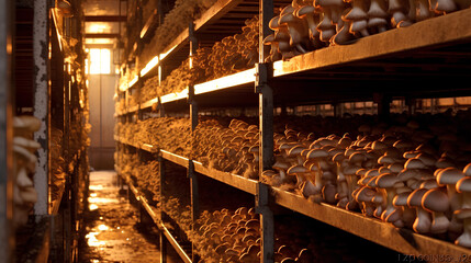 Champignons and other mushrooms growing on a mushroom farm. Mushroom industry. - obrazy, fototapety, plakaty