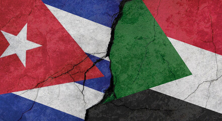 Flags of Cuba and Sudan, texture of concrete wall with cracks, grunge background, military conflict concept