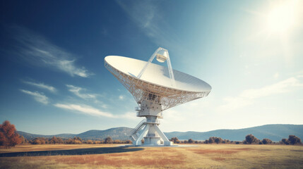 A big radio telescope pointing to the blue sky.
