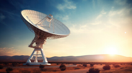 A big radio telescope pointing to the blue sky.