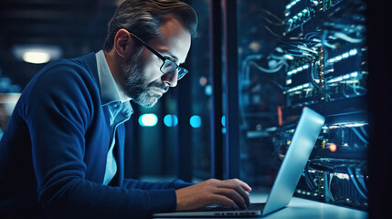 Administrator or IT specialist using laptop in cloud computing server farm. Data Center.