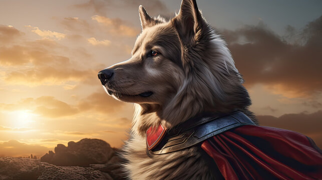 Cinematic superdog profile against a setting sun, symbolizing hope and perseverance Ai Generative