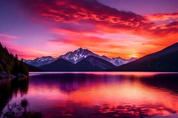 Fototapeta na wymiar A breathtaking sunset over a serene mountain lake with vibrant hues of orange, pink, and purple reflected on the water.