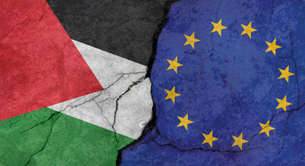 Palestine and European Union flags, concrete wall texture with cracks, grunge background, military conflict concept