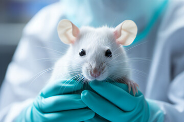 Portrait of a white laboratory rat in the hands of a scientist in blue rubber gloves. healthcare, medicine concept. - obrazy, fototapety, plakaty