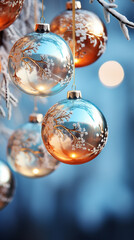 Obraz premium close-up of multi-colored Christmas balls on a branch, light bronze and light blue, translucent with patterns, low depth of field, Space for text