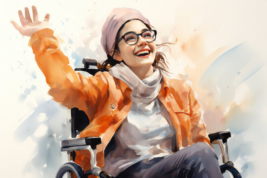 Woman In The Park. Happy Woman In Glasses Sitting In Wheelchair Widening Arms On Isolated White Background. Illustration. 