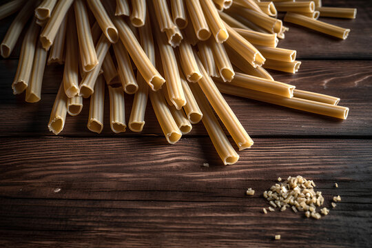 Raw pasta on wooden background. Top view