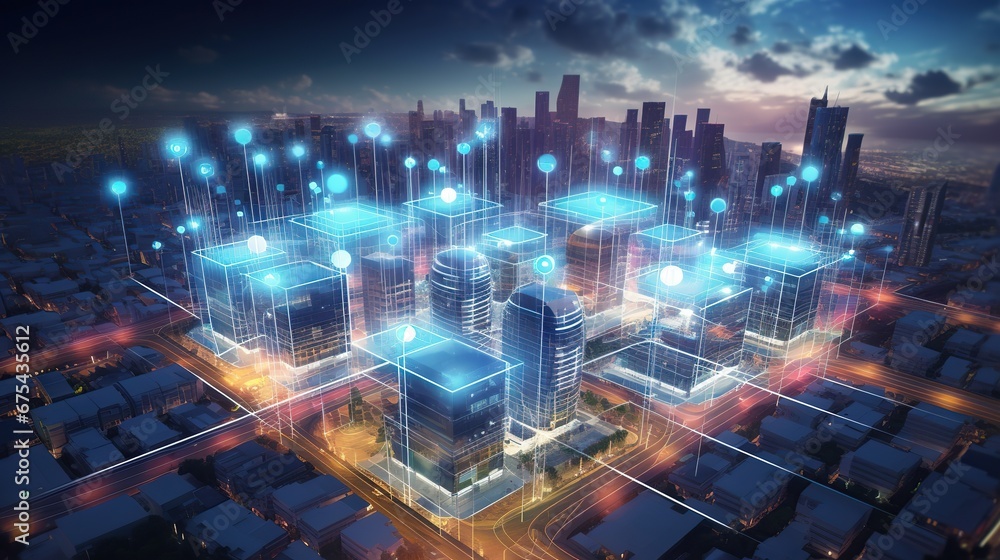Poster modern city with wireless network connection. telecommunication network above city, wireless mobile 